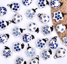 25 Pieces Blue and White Star and Balls Ceramic Christmas Ornaments